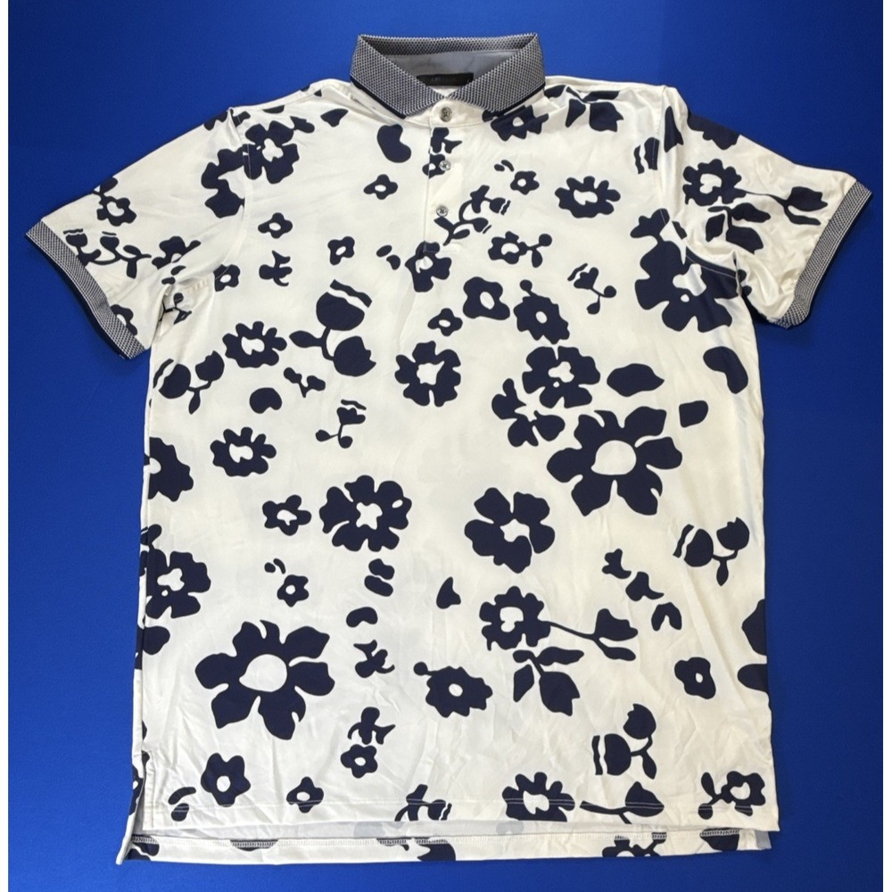 Greyson Golf Polo Mens L Fiori Catbird  Polo Blue Floral Short Sleeve Wicking